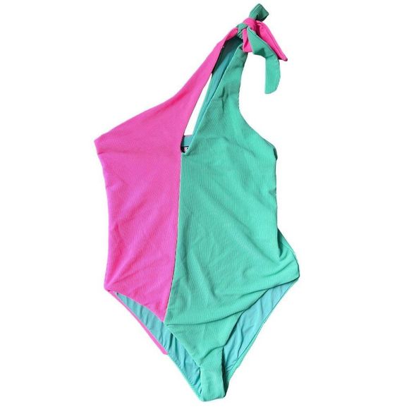 NEW Free People Beach Riot Nia Watermelon Colorblock One Piece Swim One Shoulder - Picture 3 of 6